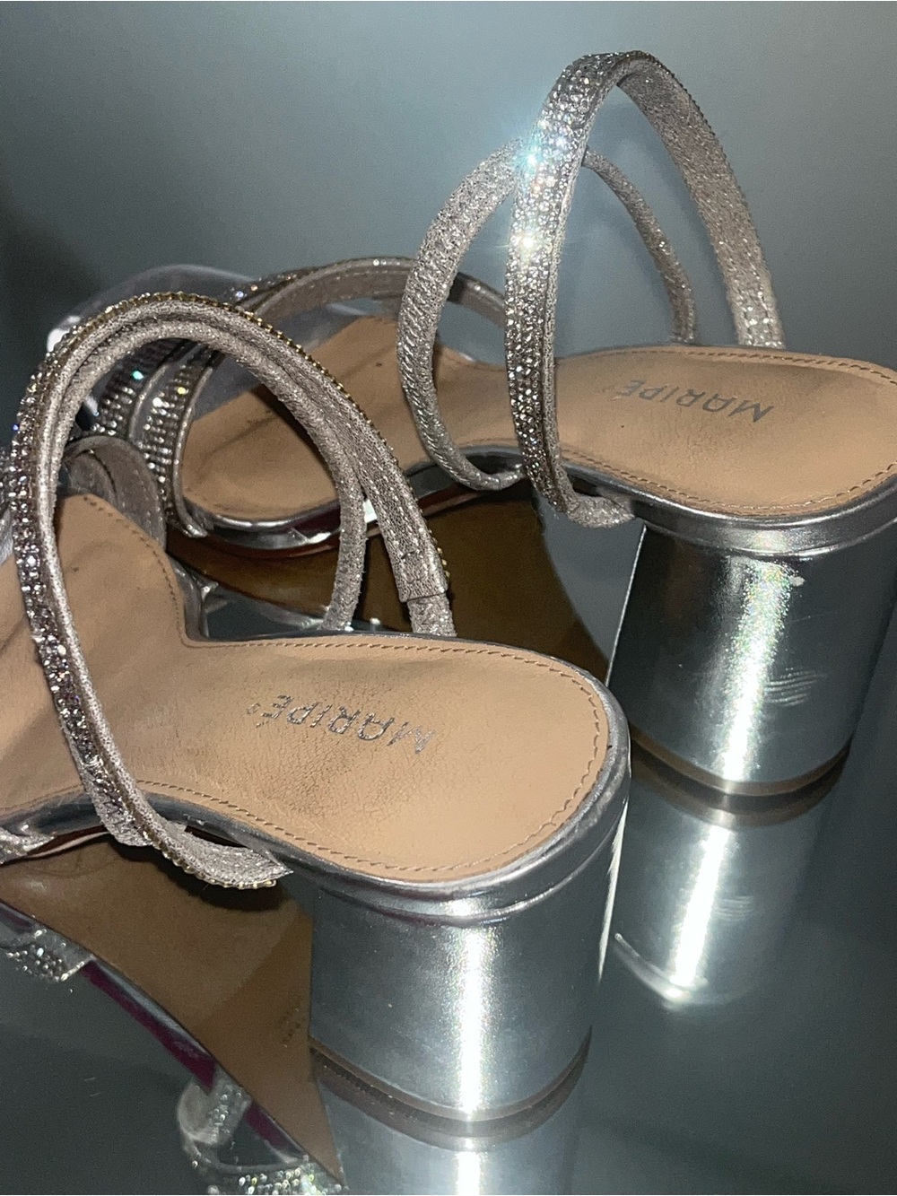 Silver Rhinestone Block Heel Sandals - Picture 2 of 5
